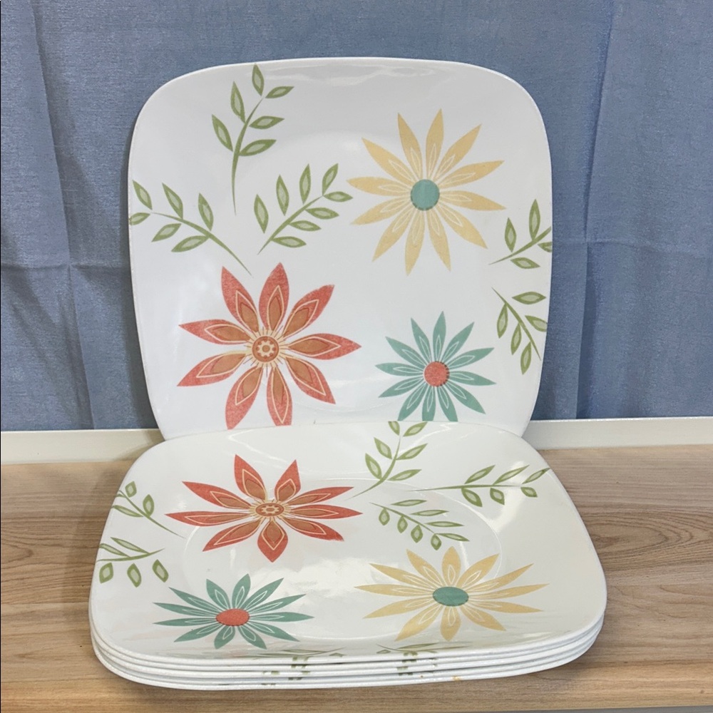 Corning CORELLE Vitrelle HAPPY DAYS Flowers 10.5 inches Square 6 DINNER PLATE